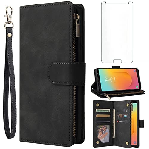 Image of Asuwish Compatible with Samsung Galaxy A6 Plus/J8 2018 Wallet Case and Tempered Glass Screen Protector Flip Cover Card Holder Stand Cell Accessories Phone Cases for Gaxaly A6+ A6Plus 6A + Women Black
