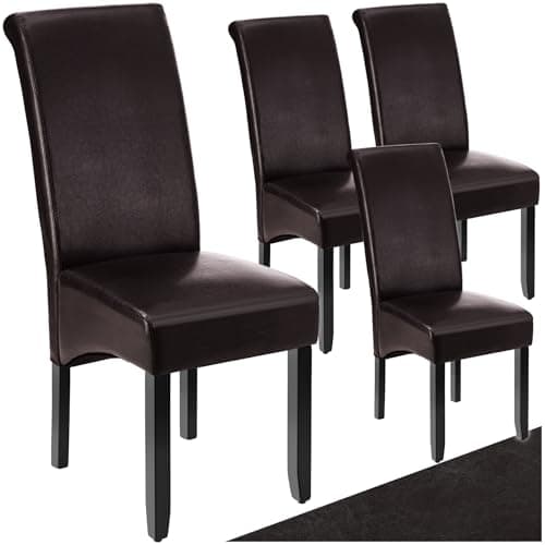 Image of tectake® Set of 4 Dining Chairs with Faux Leather Covers & Solid Hardwood Legs, Dining Chair Set with Ergonomic Design, Padding & High Backrests, Ideal as Desk & Kitchen Chairs - Brown