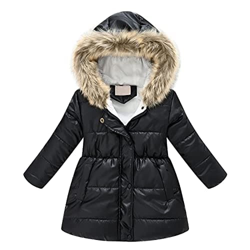 Image of Kids Girls Winter Coat Faux Fur Hooded Windproof Jacket Fleece Liend Padded Thick Warm Parka Outerwear Outdoor Overcoat Cotton Coats Jackets Black 6-7 Years