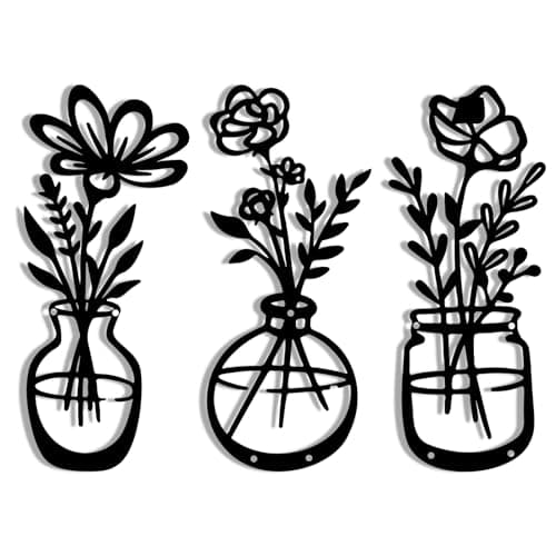Image of Zercart 3-Piece Metal Flower Wall Art - Black Metal Wall Art Decoration, Black Tulip Wire Iron Decor for Living Room, Bathroom, Bedroom, Patio, Balcony, Kitchen