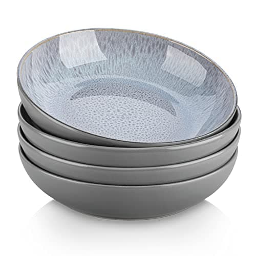 Image of vancasso Karst Pasta Bowls Set of 4, 40 Ounce Large Salad Bowls, Stoneware Serving Bowl for Kitchen, Microwave Oven Dishwasher Safe, Sturdy Wide Bowls for Pasta, Salad, Soup, White Gray