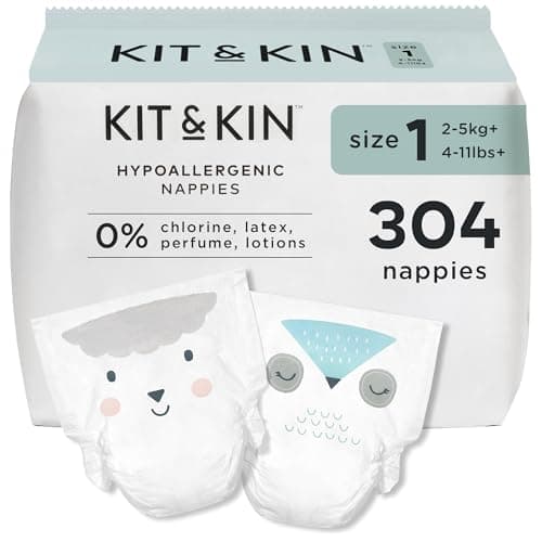 Image of Kit & Kin Premium Baby Nappies Size 1 | Newborn 2-5 kgs / 4-11 lbs | Pack of 304 Nappies | Plant-Based Materials On Baby's Skin | Hypoallergenic | Superior Leak Protection