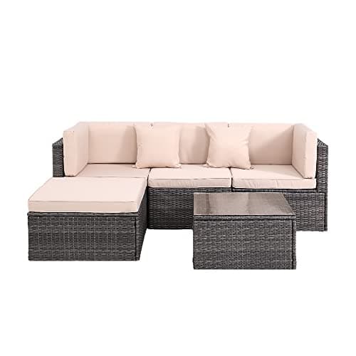 Image of Panana Modular Rattan Garden Sofa Set, 4 Seater Freely Configurable Outdoor Sectional Furniture with Coffee Table, Cushions, Free Cover for Patio Conservatory (Mixed Grey Rattan with Beige Cushions)