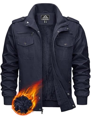 Image of KEFITEVD Men's Winter Autumn Work Jacket Thermal Cargo Fleeced Jackets Military Bomber Jacket, 141 Navy Blue, XL