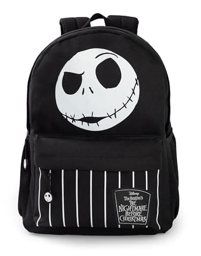 Image of Disney The Nightmare Before Christmas Jack Skellington Backpack | Black and White Stripes Design | Zip-Up School Bag for Back to School & Carrying Books Merch