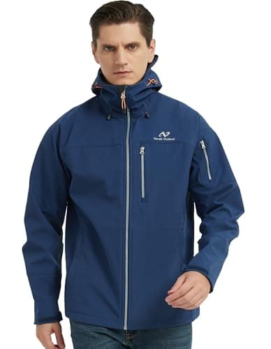 Image of NORDIC OUTLAND Men's Waterproof Softshell Rain Jacket, Hooded Windbreaker 7 Pockets, Lightweight Shell for Outdoor Activities (UK, Alpha, L, Regular, Regular, Navy Blue)