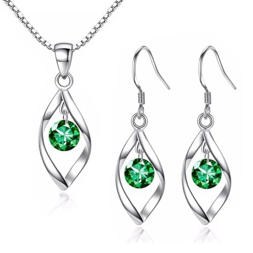 Image of Zolkamery Silver Jewellery Set for Women, 925 Sterling Silver Women's Jewellery Sets with Green 5A Zirconia, Hypoallergenic Goldplated Twist Drop Pendant Necklace & Hook Dangle Earrings Set for Girls