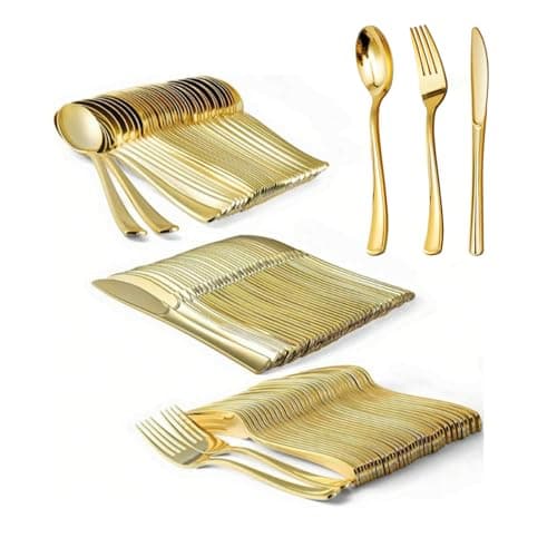 Image of 180Pcs Gold Plastic Cutlery Set, Washable and Reusable Heavy Duty Tableware, 60 Knives 60 Forks and 60 Spoons Perfect for Birthday Parties and Weddings