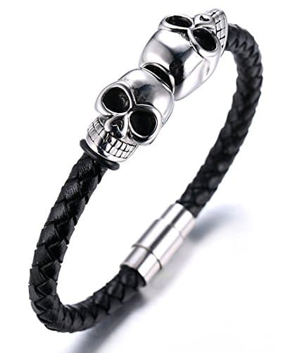 Image of HALUKAKAH ● Assassin ● Men's Genuine Leather Bracelet with Titanium Skull Heads Magnetic Clasp 8.46"/21.5cm(Silver)