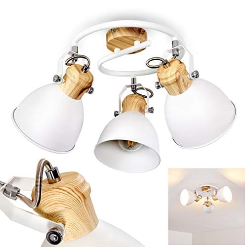 Image of Ceiling Light Banjul, Round Ceiling Light Made of Metal in White/Wood Optic, 3-Flame, with Adjustable spotlights, 3 x E27 Socket, Spiral in Retro/Vintage Design, Without Bulbs