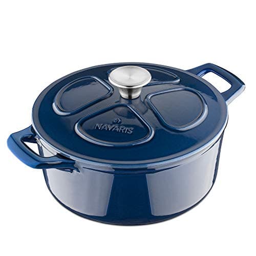 Image of Navaris Cast Iron Casserole Dish with Lid - 24cm Round Dutch Oven Pot with Enamel Coating, 3.5L - Safe for Induction Hob, Oven - Dark Blue