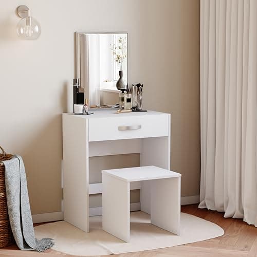 Image of Vida Designs Dressing Table Isla 1 Drawer Mirror & Stool Bedroom Set Makeup Vanity Cosmetics Storage Desk Dresser Furniture White