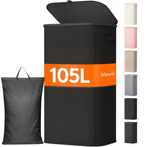 Image of Lifewit 105L Laundry Basket with Lid, Washing Basket with Handles and Bag, Large Foldable Dirty Clothes Organiser with Plastic Frame for Laundry Room, Bedroom, Bathroom, Black
