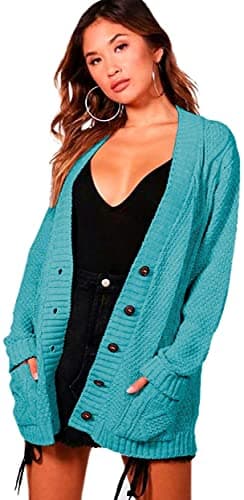 Image of STAR FASHION Women’s Grandad Cardigan Chunky Cable Knit 5 Button Up Jumper with Pockets Long Sleeve Open Front Winter Sweater Ladies Warm Knitwear Turquoise-12-14