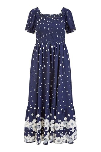 Image of Mela London Mela Navy Spot and Floral Print Border Ruched Midi Dress 8 Navy