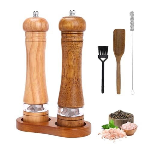 Image of Foyucool Wooden Salt and Pepper Grinder Set with Mill Tray, 8 inch Manual Refillable Pepper Mill of 2, Adjustable Coarseness, Ceramic Grinding Rotor, for Chilli, Lilac, Pepper, Salt, Wooden Brown