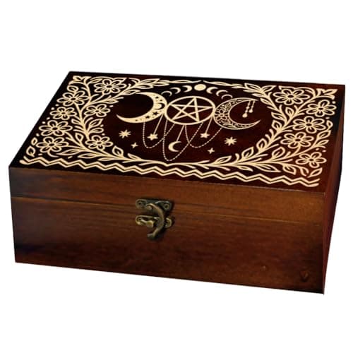 Image of arricraft 1 Pc Wooden Memorial Storage Box, Flowers Triple Moon Lunar Phases Stars Pattern Rectangle Souvenir Box for Anniversary Jewelry Picture Letter Storage (9.45x5.51x3.54 Inch)