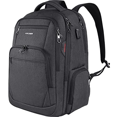 Image of KROSER School Laptop Backpack 17.3 Inch Large Travel Computer Backpack Water-Repellent Daypack with USB Charging Port & Headphone Interface RFID Pockets for Work/Business/College/Men/Women