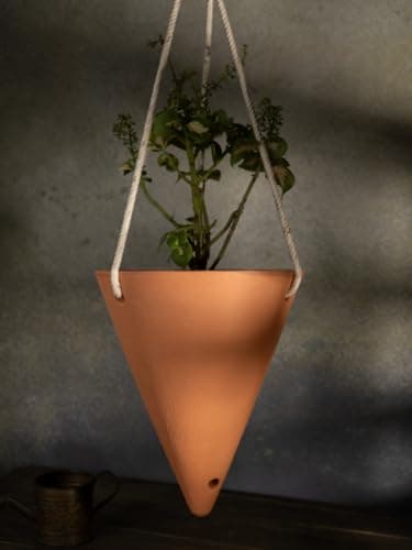 Image of Village Decor Handmade Terracotta Hanging Planter with Rope|Indoor and Outdoor Planter Pot - Cone Shape