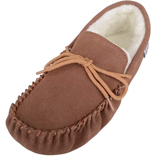 Image of SNUGRUGS Men's Alfie Wool Lined Suede Sole Moccasin Slipper, Light Brown, 10 UK / 44 EU