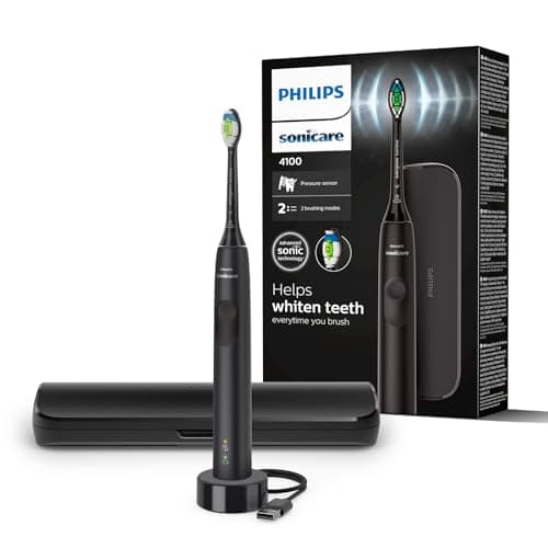 Image of Philips Sonicare 4100 Electric Toothbrush for Adults with 1 x Philips W2 Optimal White Sonic Brush Head in Black, Slim Travel Case and USB Charger