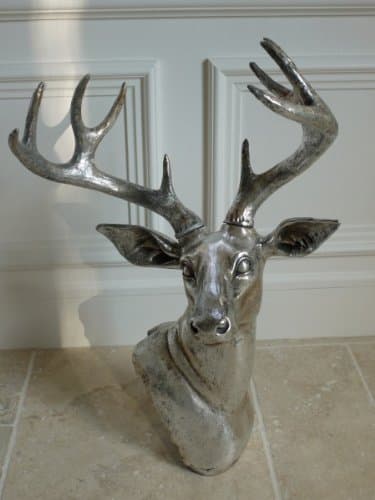 Image of Antique Silver Decorative Deer Head Sculpture with Antlers Wall Mounted or Floor/Table Standing