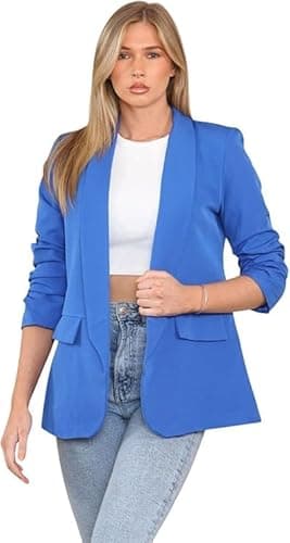 Image of eyes Ruched Sleeve Suit Plain Open Jackets Work Office Coats Cardigan Suit Formal Jacket Top Solid Color Collar Italian Ladies Blazer (Royal Blue, UK 12 (Size L)