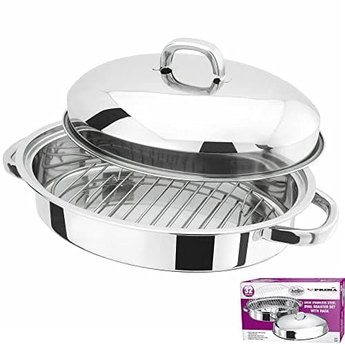 Image of Prima Kitchenware New 32cm Stainless Steel Roasting Tray Pan Oval Set with Removable Rack Cooking Baking Sturdy Handles, Silver