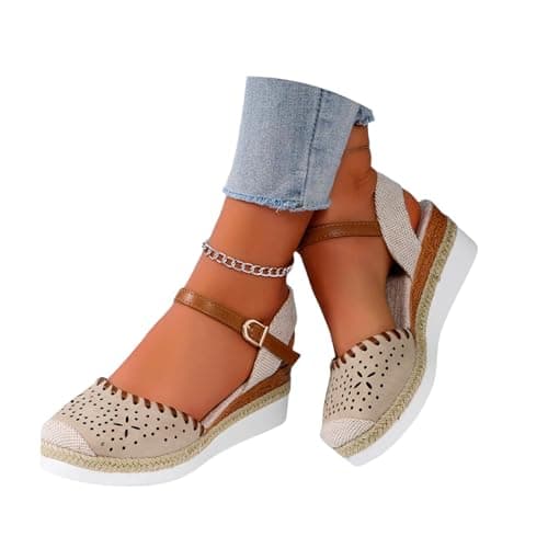 Image of Women's Closed Toe Wedge Sandals Platform Espadrille Heel, Adjustable Buckle Ankle Strap Slingback Dressy Summer Shoes for Holiday, Work, Wedding Guest, Office, Party and Casual Wear (beige3,6)
