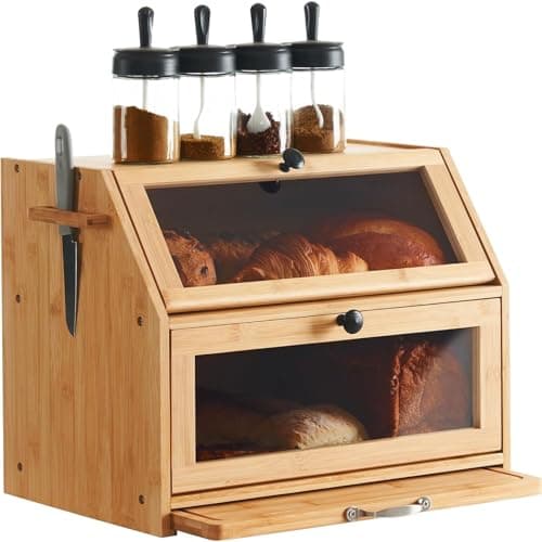 Image of YOUDENOVA Double Decker Bread Box with Cutting Board, Extra Large 2-Layer Bamboo Storage Box with Clear Windows for Bread, Salt and Pepper Mill, 39x26x32,5(LxBxH) cm, Natural