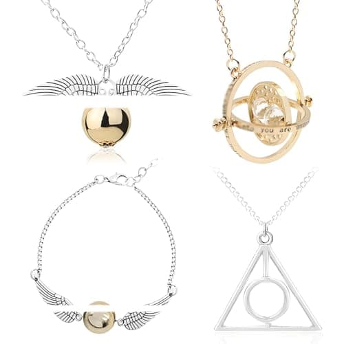 Image of HJYZY 4 pcs Spinning Hourglass Pendant Necklace Golden Snitch Pendant Necklace Bracelet Triangle Pendant Necklace The Best Gift for Fans