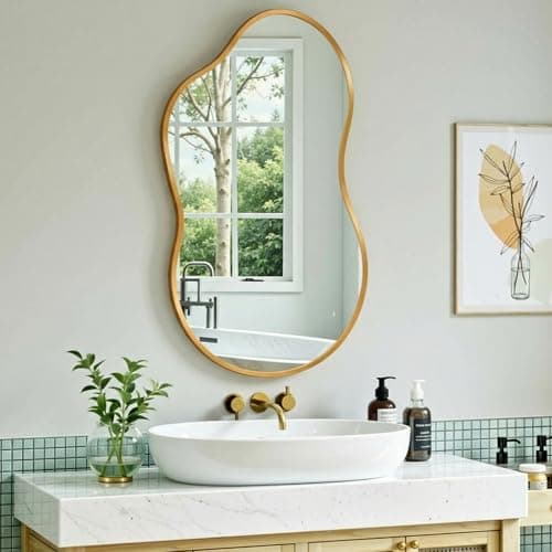Image of MAMIZO Irregular Wall Mirror, 50 x 91 cm Asymmetrical Unique Mirror, Bathroom Mirror Wall Mounted with Tempered Glass, Aluminium Frame, Decor Vanity Bedroom Living Room Entryway Hallway, Gold
