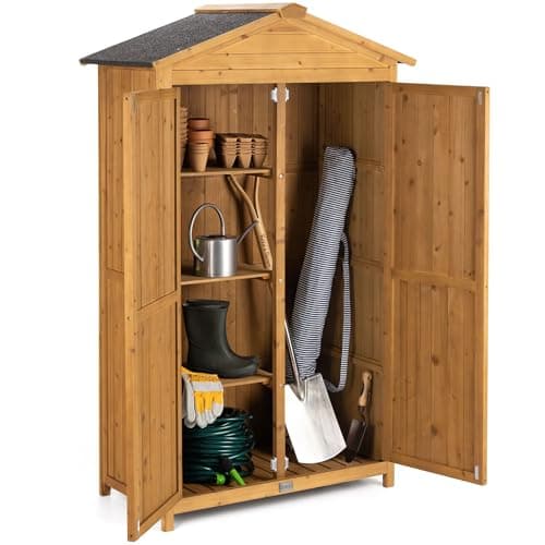 Image of Christow Small Double Door Garden Shed – Treated Wood, Tall Wooden Outdoor Storage, Slim Utility Shed, Three Configurable Shelves, Lockable Doors, Sloped Roof, H166cm x W100cm x D64cm