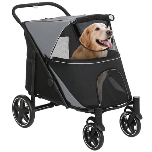 Image of PawHut Dog Stroller, Foldable Pet Pram Dog Pushchair Buggy with Adjustable Canopy for Medium and Large Breeds, Black