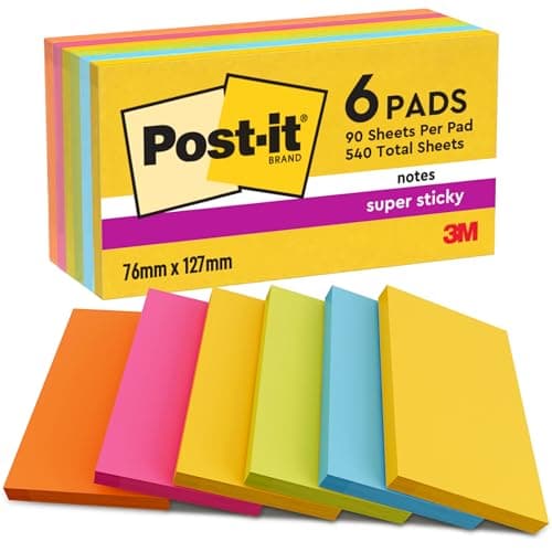 Image of Post-it Super Sticky Notes, 540 Sheets, Pack of 6 Pads, 76 mm x 127 mm - Holds Strong to Many Surfaces - Bright Colours - for Walls, Monitors and Fridge, Recycable
