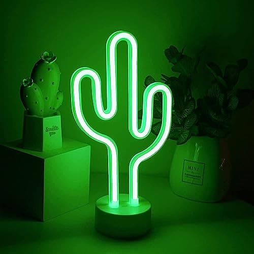 Image of Cactus Neon Signs with Holder Base, Bedroom Night Light, Battery/USB Powered, Table Desk Lamp for Christmas Birthday Party Bedroom Kids Gifts