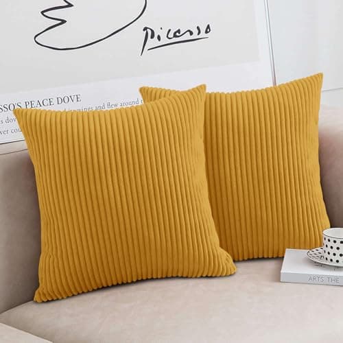Image of Moonlight Bedding Cushions with Covers Included 45 x 45 cm Pack of 2 (2 Ochre Covers, 2 Inserts) Decorative Stripe Throw Pillow Cases with Invisible Zipper for Living Room Bed Sofa18 x 18 inches