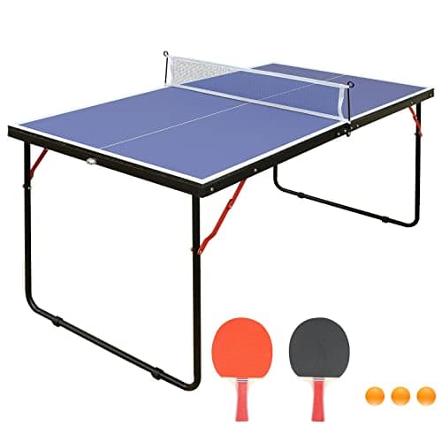 Image of REXOUS Midsize Folding Ping Pong Table Game Set, Portable Indoor Outdoor Table Tennis Table with 2 Paddles, 3 Balls and Net