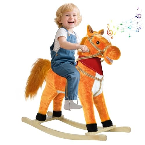 Image of JENPECH Rocking Horse Toy for Kids Plush Ride on Animal with Wooden Rockers, Moving Mouth and Wagging Tail, Musical Sounds, Baby Rocking Chair, 120kg Weight Capacity, Ages 1-6 Light Brown Small