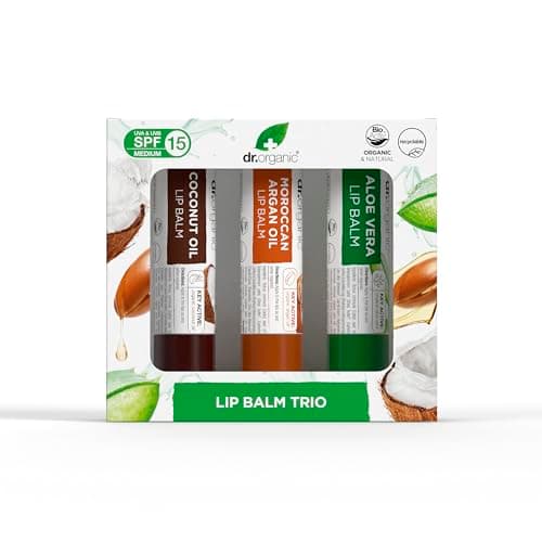 Image of Dr Organic Lip Balm Gift Set, Moisturising, SPF 15, Assorted Multipack with Aloe Vera, Argan Oil, Coconut Oil, Natural, Vegetarian, Cruelty-Free, Paraben & SLS-Free, Organic, 5.7ml