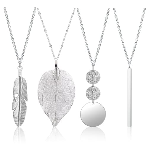 Image of Long Pendant Necklaces for Women Trendy,4 Pcs Boho Style Pendant Necklace Long Sweater Necklaces Set Silver Bar Feather Circle Leaf Lock Tassel Y Necklace Jewelry Set Statement Necklace for Women