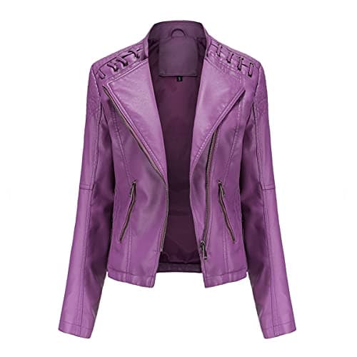 Image of YYNUDA Women's Stylish Faux Leather Jacket Zip Up Moto Biker Classic Short Jacket Coat Purple M