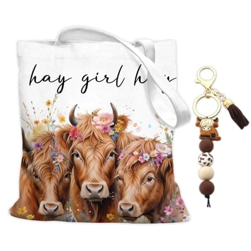 Image of Fakcrkun Highland Cow Gifts for Women, Large Capacity Canvas Tote Bag with Highland Cow Keyring, Animal Gift for Birthday, Mother's Day, Christmas