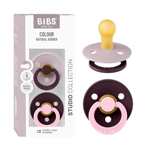 Image of BIBS Colour Studio Soother 2-Pack, BPA Free Dummy Pacifier, Round Nipple. Natural Rubber Latex, Made in Denmark, Size 1 (0-6 Months) - Dusky Lilac/Plum