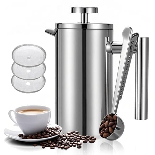 Image of Wrobic Cafetiere French Press Coffee Maker, 1000ml/34oz Double-Wall Insulated Stainless Steel, 3 Level Filtration System, French Press for Home, Camping and Office (6 cup to 8 cup)
