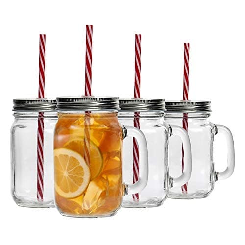 Image of Rink Drink Drinking Mason Jars with Lids and Reusable Straw - Pack of 4-450ml Glass Drinking Jar Mugs with Handles and Screw Top for Overnight Oats, Smoothies, Cocktails, Drinks
