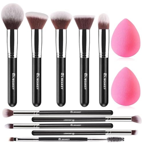 Image of BEAKEY Diversity Makeup Brushes 12 Pcs Makeup Kit, Premium Synthetic Kabuki Foundation Face Powder Concealer Eyeshadow Blush Set, with 2 Pcs Blender Sponges (Black/Silver)