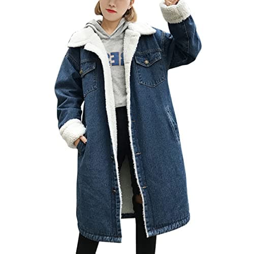 Image of Petalum Women Sherpa Fleece Denim Jean Jacket Winter Button Down Warm Thicken Oversized Long Coat Outerwear