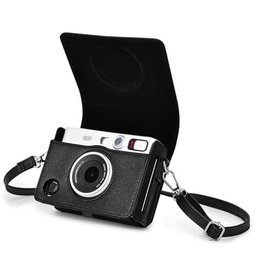 Image of Rieibi Instax Mini EVO Camera Case - Vintage PU Leather Protective Case for Fuji Instax Mini EVO Instant Camera - Removable Case with Adjustable Shoulder Strap - Black