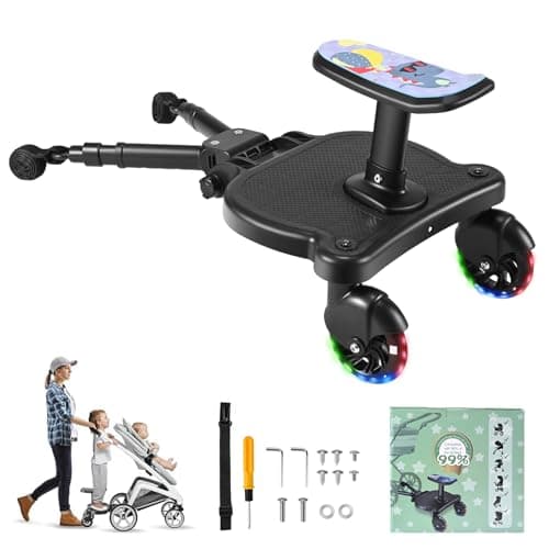 Image of Joycushy Buggy Board, Universal Buggy Board with Seat & LED Wheels, Black Pram Standing Kiddy Board, Pram Accessory for Toddlers from 2-6 Years (Load 25 kg) Compatible with 99% Stroller